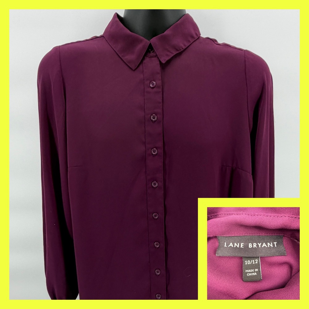 Lane Bryant Blouse Womens 10/12 Purple Plum Pleated Back Button Down Ruffle Cuff